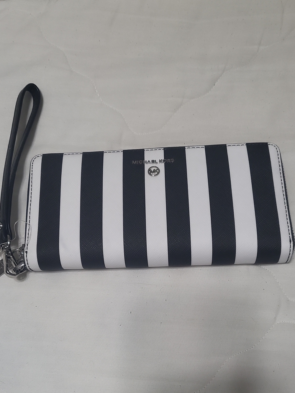 Michael Kors Black and White Striped Wristlet Wallet (New With Tags)